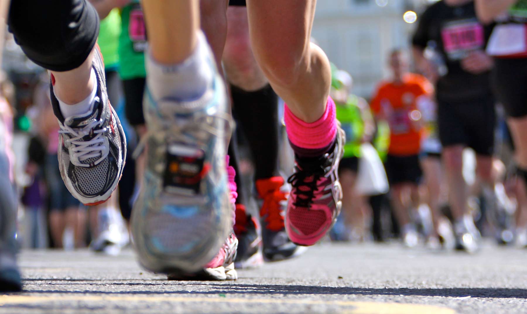 Close up of runner's shoes during a marathon