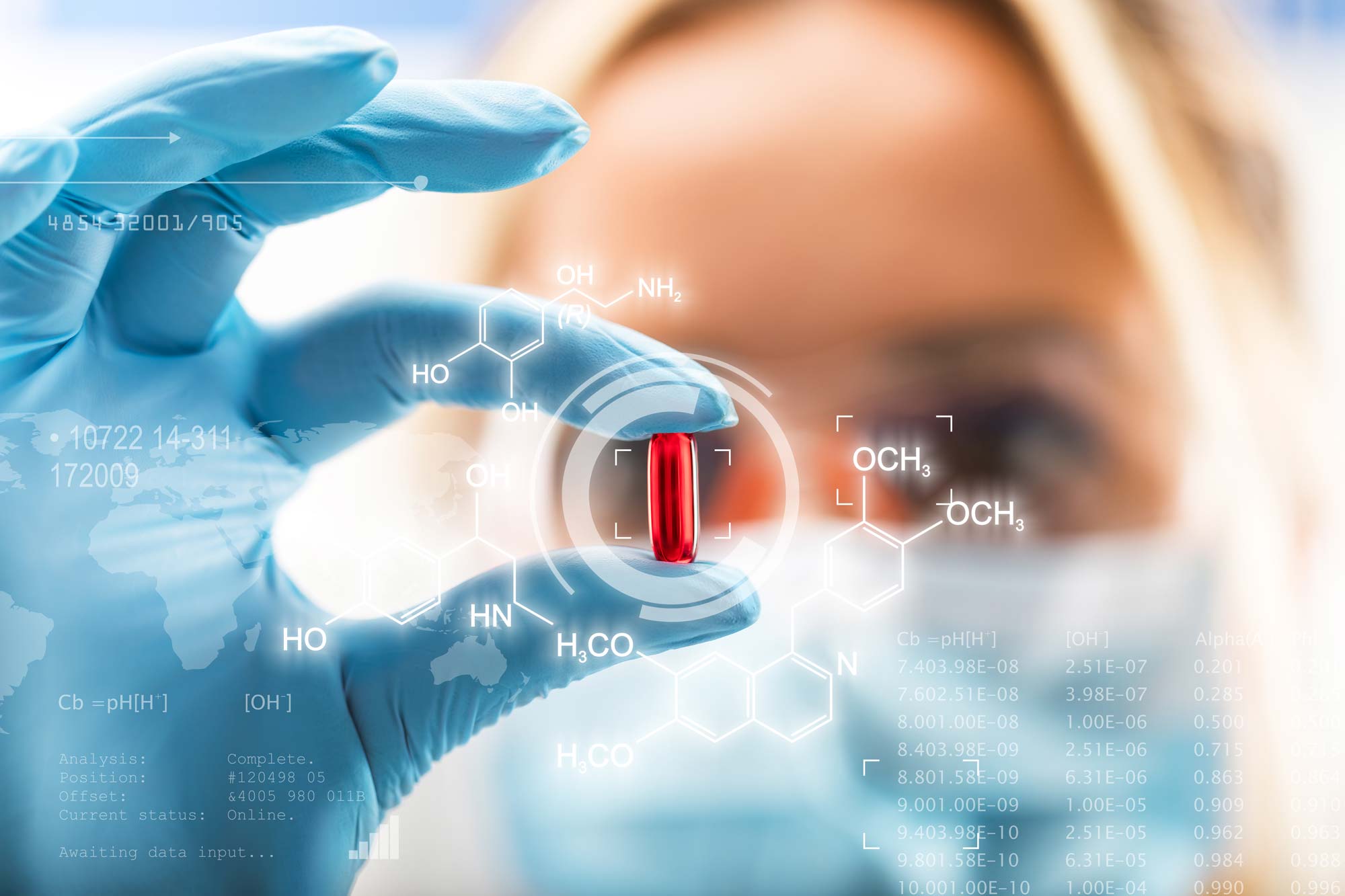 scientist holding a red transparent pill with futuristic scientific air interface with chemical formulas and research data in the foreground